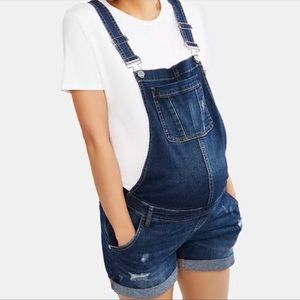 Indigo Blue Maternity Short Dark Wash Overalls L